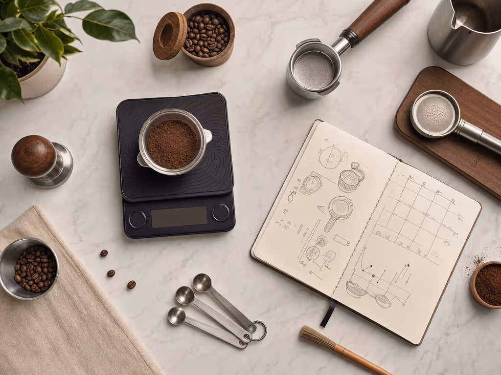 espresso_scale_showing_dose_yield_and_timer_beside_a_handwritten_shot_log